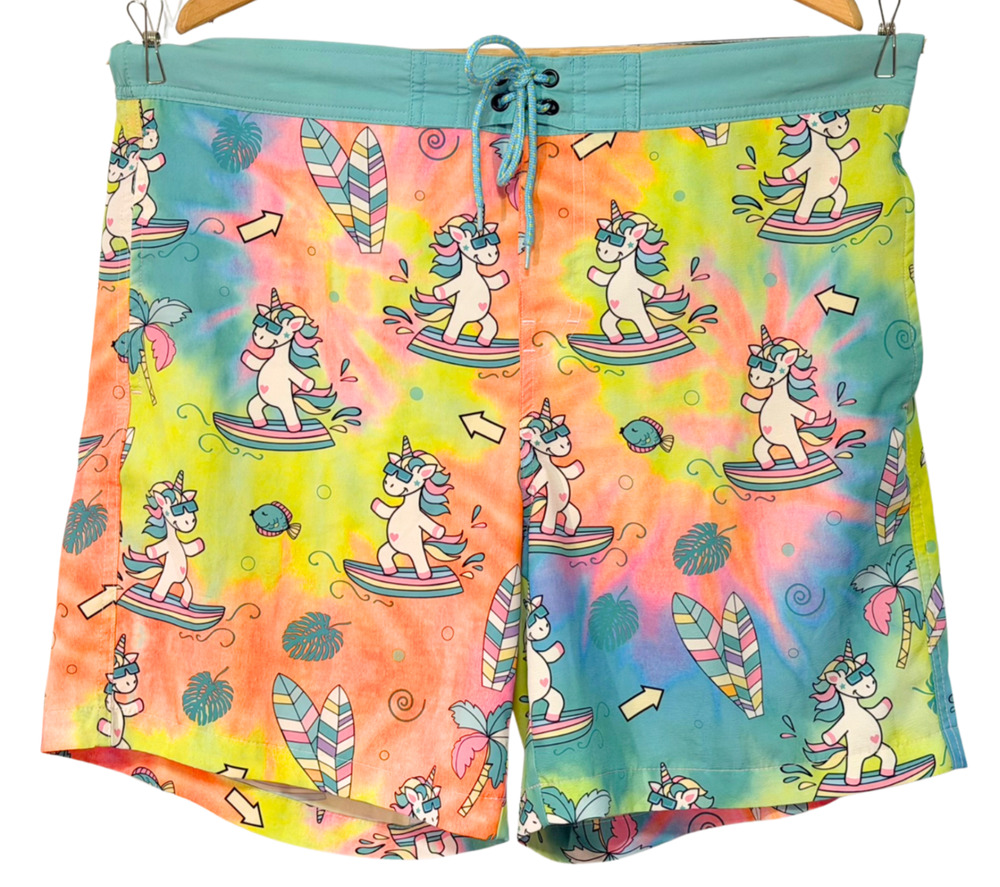 Top Drawer Sz XL Men's Swim Trunks Board Shorts Surfing Unicorns Rainbow Tie Dye